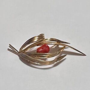 Vintage Grosse For Dior 1968 Gold tone Signed Red Coral Filigree Brooch Germany